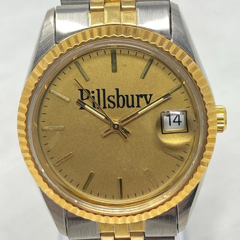 Pillsbury Watch Men 35mm Silver Gold Two Tone Date Bubble Round New Battery 7